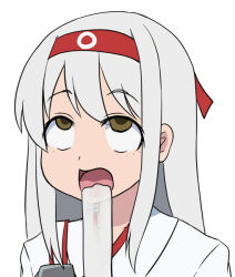 Rule 34 | 10s, 1girl, ahegao, alcohol, drooling, green eyes, hairband, japanese clothes, kantai collection, long hair, open mouth, red hairband, sake, saliva, shoukaku (kancolle), simple background, solo, super masara, upper body, white background, white hair