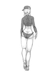 Rule 34 | 1girl, ass, bad id, bad twitter id, barefoot, baseball cap, braid, butt crack, contrapposto, dimples of venus, facing away, from behind, greyscale, hat, hellk111, highres, kneepits, monochrome, original, solo, twin braids, walking, white background