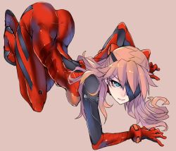 Rule 34 | 00s, 10s, 1girl, all fours, aqua eyes, arched back, ass, ban! (bansankan), beige background, blue eyes, bodysuit, bracer, breasts, brown hair, closed mouth, evangelion: 2.0 you can (not) advance, evangelion: 3.0 you can (not) redo, expressionless, eyepatch, from above, from side, full body, gloves, hair ornament, hair over shoulder, latex, legs together, light brown hair, long hair, looking at viewer, neon genesis evangelion, pilot suit, plugsuit, rebuild of evangelion, shiny clothes, simple background, sketch, skin tight, skinny, small breasts, solo, souryuu asuka langley, tape