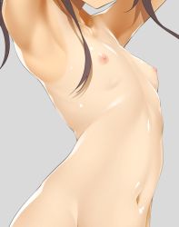 Rule 34 | 1girl, armpits, arms up, breasts, brown hair, close-up, grey background, head out of frame, navel, nipples, nude, one-piece tan, original, shiny skin, sidelocks, simple background, small breasts, solo, tan, tanline, yanagi yuu
