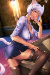 Rule 34 | 1girl, animal ears, black panties, blazer, blue dress, blurry, blurry background, breasts, cat ears, cat girl, cat tail, cleavage, collarbone, commentary, dress, english commentary, facial mark, feet out of frame, final fantasy, final fantasy xiv, from behind, garter straps, grey eyes, highres, indoors, jacket, looking at viewer, looking back, miqo&#039;te, on table, open mouth, panties, pixie (pixieinktvis), purple jacket, see-through, see-through legwear, short dress, short hair, skindentation, solo, table, tail, thighhighs, underwear, white hair, y&#039;shtola rhul