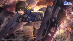 Rule 34 | 1girl, artillery, azur lane, baltimore (azur lane), blue jacket, breasts, brown hair, brown thighhighs, clothing cutout, explosion, garter straps, gloves, highres, holding, holding weapon, jacket, leaning forward, medium breasts, medium hair, nishikawa eito, open mouth, rigging, solo, thighhighs, turret, underboob, underboob cutout, weapon, white gloves, yellow eyes