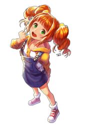 Rule 34 | 1girl, :d, bad id, bad pixiv id, blush, full body, green eyes, highres, hood, hoodie, idolmaster, idolmaster (classic), looking at viewer, noixen, open mouth, orange hair, overalls, round teeth, shoes, simple background, smile, sneakers, solo, takatsuki yayoi, teeth, twintails, white background