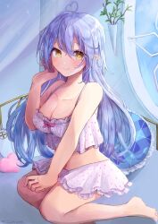 Rule 34 | 1girl, ahoge, bare shoulders, bedroom, blue hair, breasts, camisole, closed mouth, commentary request, double-parted bangs, frilled camisole, frills, hair between eyes, hair down, heart, heart ahoge, highres, hololive, indoors, large breasts, long hair, looking at viewer, messy hair, midriff, navel, official alternate costume, official alternate hairstyle, pajamas, pointy ears, polka dot, polka dot camisole, polka dot skirt, replicayunikorn, skirt, sleepwear, smile, solo, spaghetti strap, very long hair, virtual youtuber, white camisole, white skirt, window, yellow eyes, yukihana lamy, yukihana lamy (loungewear)