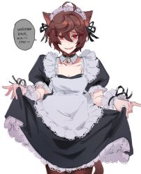 Rule 34 | 1boy, ahoge, animal ears, apron, bell, bishounen, black ribbon, brown hair, clothes lift, collar, commentary, crossdressing, dress, empty eyes, english commentary, english text, evil smile, frilled dress, frilled skirt, frilled wristband, frills, granblue fantasy, hair between eyes, kemonomimi mode, maid, maid apron, maid headdress, male focus, messy hair, neck bell, pantyhose, parted lips, puffy short sleeves, puffy sleeves, red eyes, ribbon, sandalphon (granblue fantasy), short sleeves, skirt, skirt lift, smile, solo focus, speech bubble, tail, wahoosandalphon, white background