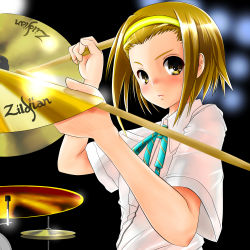 Rule 34 | 00s, 1girl, absurdres, avedis zildjian company, brown eyes, brown hair, cymbals, drumsticks, female focus, hairband, highres, instrument, k-on!, looking at viewer, nokiguchi chika, product placement, school uniform, short hair, solo, tainaka ritsu