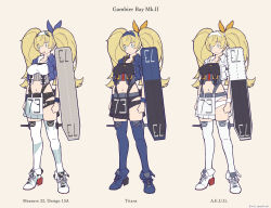 Rule 34 | 0 0, 1girl, alternate color, armband, belt, black shirt, black skirt, blonde hair, blue thighhighs, breast pocket, breasts, character sheet, collared shirt, flight deck, full body, gambier bay (kancolle), gambier bay mk ii (kancolle), gundam, hair ribbon, hairband, highres, jacket, kantai collection, large breasts, multicolored clothes, nakaaki masashi, open clothes, open jacket, parody, pocket, ribbon, shirt, skirt, thighhighs, twintails, two-tone skirt, variations, white shirt, white thighhighs, yellow background, zeta gundam