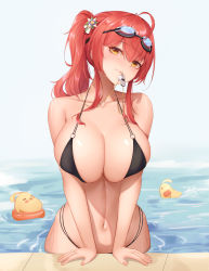 Rule 34 | 1girl, ahoge, azur lane, bikini, black bikini, breasts, collarbone, goggles, goggles on head, hair between eyes, highres, large breasts, looking at viewer, manjuu (azur lane), mouth hold, partially submerged, ponytail, pool, red hair, short hair, solo, swimsuit, water, wei xiao, whistle, yellow eyes, zara (azur lane), zara (poolside coincidence) (azur lane)