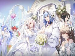 Rule 34 | 6+girls, :d, animal ears, arms up, astra revolver (fragrant papillon) (girls&#039; frontline), astra revolver (girls&#039; frontline), aug (blue meditation) (girls&#039; frontline), aug (girls&#039; frontline), black hair, blue eyes, blue hair, bouquet, bouquet toss, breasts, bridal veil, brown hair, building, church, cleavage, closed eyes, closed mouth, collarbone, crossed bangs, detached collar, detached sleeves, dp-12 (girls&#039; frontline), dress, earrings, elbow gloves, expressionless, flower, flower request, girls&#039; frontline, gloves, hair between eyes, hair flower, hair ornament, hair rings, hand on own cheek, hand on own face, hexagram, highres, holding, holding bouquet, huge breasts, jewelry, kim eb, large breasts, long hair, long sleeves, looking at viewer, medium hair, mondragon m1908 (girls&#039; frontline), mondragon m1908 (magnolia wonderland) (girls&#039; frontline), multiple girls, necklace, official alternate costume, official art, official wallpaper, open mouth, outdoors, parted bangs, parted lips, pillar, pink eyes, pink flower, puffy detached sleeves, puffy short sleeves, puffy sleeves, purple flower, rabbit ears, red eyes, red hair, short sleeves, small breasts, smile, sp9 (drifting snow) (girls&#039; frontline), sp9 (girls&#039; frontline), tar-21 (girls&#039; frontline), tar-21 (the lost march hare) (girls&#039; frontline), twintails, veil, very long hair, wedding dress, white dress, white flower, white gloves, white hair, yellow eyes