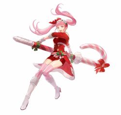 Rule 34 | 1girl, alternate costume, boots, candy, candy cane, female focus, fire emblem, fire emblem: three houses, fire emblem heroes, food, fur trim, gloves, hat, high heel boots, high heels, hilda valentine goneril, knee boots, long hair, looking at viewer, matching hair/eyes, nintendo, pink eyes, pink hair, pink thighhighs, sagajima (torikng), santa costume, santa hat, simple background, solo, striped clothes, striped thighhighs, thighhighs, thighs, twintails, white background, white footwear, white gloves, zettai ryouiki