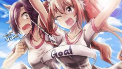 Rule 34 | 2girls, :d, animal ears, arms up, blue sky, blush, bow, breast envy, breasts, brown eyes, brown hair, clenched hand, daiwa scarlet (umamusume), day, fang, gym shirt, gym uniform, hair between eyes, hair bow, hair over one eye, highres, horse ears, horse girl, large breasts, long hair, looking at viewer, multiple girls, open mouth, outdoors, red eyes, shirt, sky, smile, sweat, tanashi (mk2), twintails, umamusume, upper body, very long hair, vodka (umamusume)
