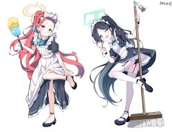 Rule 34 | 2girls, ;d, absurdres, aris (blue archive), aris (maid) (blue archive), black footwear, black hair, blue archive, blue eyes, broom, commentary request, dated, full body, garter straps, halo, highres, holding, holding broom, koe neko (wmfj2858), long hair, looking at viewer, maid, maid headdress, multiple girls, official alternate costume, one eye closed, open mouth, ponytail, red hair, shoes, simple background, smile, thighhighs, very long hair, white background, white thighhighs, yuzu (blue archive), yuzu (maid) (blue archive)