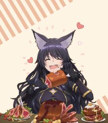 Rule 34 | 1girl, absurdres, animal ears, artist request, black hair, bodysuit, boned meat, breasts, cleavage, cleavage cutout, closed eyes, clothing cutout, commentary, delta (kage no jitsuryokusha ni naritakute!), eating, egg (food), english commentary, facial mark, food, gold trim, hair between eyes, heart, highres, holding, holding food, kage no jitsuryokusha ni naritakute!, large breasts, long hair, meat, medium breasts, official art, open mouth, ribs (food), second-party source, simple background, smile, solo, upper body