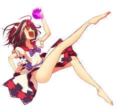 Rule 34 | 1girl, ball, barefoot, black hair, bow, bowtie, cone horns, dress, fang, full body, horns, jpeg artifacts, kijin seija, kuresento, multicolored hair, occult ball, open mouth, profile, puffy sleeves, red eyes, red hair, short hair, short sleeves, simple background, smile, solo, touhou, white background, white hair