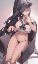 Rule 34 | 1girl, bare shoulders, black hair, black panties, bow, bowtie, breasts, chair, cleavage, crop top, crop top overhang, hand up, highres, holding, holding hair, horns, large breasts, long hair, looking at viewer, ludaf, navel, navel piercing, no pants, off shoulder, open mouth, original, panties, piercing, ponytail, revealing clothes, sailor collar, shirt, side-tie panties, sideboob, sitting, sleeveless, sleeveless shirt, smile, solo, stomach, string panties, thighs, underwear, untied panties, very long hair, white shirt, yellow eyes