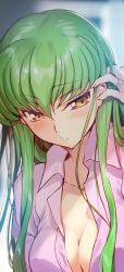 Rule 34 | 1girl, bandaid, bandaid on hand, blush, breasts, c.c., cleavage, code geass, collared shirt, creayus, green hair, hair between eyes, tucking hair, hand up, highres, large breasts, long hair, naked shirt, pink shirt, popped collar, shirt, solo, upper body, wing collar, yellow eyes