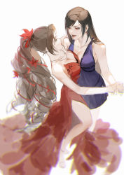Rule 34 | 2girls, absurdres, aerith gainsborough, aerith gainsborough (red dress), anklet, bare arms, bare legs, bare shoulders, black hair, blue dress, blurry, breasts, brown hair, chinese commentary, cleavage, collarbone, commentary request, couple, dancing, dress, drill hair, eye contact, eyeshadow, final fantasy, final fantasy vii, final fantasy vii remake, flower, from above, full body, gown, green eyes, grin, hair flower, hair ornament, hair ribbon, half-closed eyes, hand on another&#039;s shoulder, highres, holding hands, jewelry, lips, long dress, long hair, looking at another, makeup, multiple girls, naughty face, neck, necklace, official alternate costume, open mouth, parted bangs, parted lips, ponytail, red dress, red eyes, red lips, ribbon, short dress, shuangbatian, side slit, simple background, sketch, sleeveless, sleeveless dress, smile, split ponytail, square enix, straight hair, strapless, strapless dress, swept bangs, tifa lockhart, tifa lockhart (refined dress), twin drills, very long hair, wall market, white background, yuri