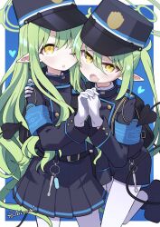 Rule 34 | 2girls, belt, black belt, black footwear, black hat, black jacket, black shorts, black skirt, black tail, blue archive, blush, boots, demon tail, fang, gloves, green hair, green halo, halo, hat, heart, hikari (blue archive), nozomi (blue archive), highres, jacket, long hair, long sleeves, looking at viewer, mizumi (artist), multiple girls, one eye closed, open mouth, pantyhose, peaked cap, pleated skirt, pointy ears, shorts, signature, skin fang, skirt, tail, white gloves, white pantyhose, yellow eyes