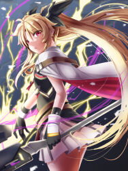 Rule 34 | 1girl, bardiche (nanoha), belt, black gloves, blonde hair, cape, electricity, fate testarossa, from side, gloves, highres, holding, holding staff, holding weapon, infinity souls, looking at viewer, looking back, lyrical nanoha, pleated skirt, red eyes, skirt, solo, sougetsu izuki, staff, twintails, two-sided cape, two-sided fabric, weapon, white cape