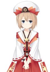 Rule 34 | 10s, 1girl, :/, blanc (neptunia), blue eyes, blush, bracelet, brown hair, buran buta, closed mouth, collarbone, frown, hair between eyes, hat, highres, jewelry, kami jigen game neptune v, looking at viewer, neptune (series), own hands together, ribbon-trimmed sleeves, ribbon trim, short hair, simple background, solo, v arms, white background