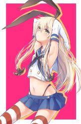 Rule 34 | 10s, 1girl, absurdres, anchor hair ornament, armpits, bad id, bad pixiv id, blonde hair, blue skirt, elbow gloves, gloves, hair ornament, hairband, highres, kantai collection, long hair, navel, personification, pink background, shimakaze (kancolle), sketch, skirt, solo, striped clothes, striped thighhighs, thighhighs, transistor, white gloves, yellow eyes, zettai ryouiki