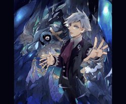 Rule 34 | 1boy, ascot, awai (pixiv29777040), beldum, blue eyes, carbink, cave, collared shirt, cowboy shot, creatures (company), crystal, fisheye, floating, formal, game freak, gen 3 pokemon, gen 6 pokemon, grey hair, hands up, holding, holding poke ball, jacket, jewelry, light smile, long sleeves, looking at viewer, male focus, metagross, nintendo, one-eyed, open clothes, open jacket, outstretched arm, outstretched hand, pants, parted lips, pillarboxed, poke ball, pokemon, pokemon (creature), red ascot, red eyes, ring, shirt, short hair, standing, steven stone, suit, suit jacket, ultra ball, vest, wing collar