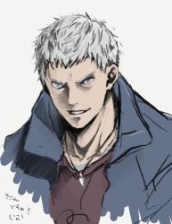 Rule 34 | 1boy, blue eyes, collarbone, devil may cry (series), devil may cry 5, grey background, grey hair, jewelry, kinaco mch, male focus, necklace, nero (devil may cry), parted lips, portrait, simple background, sketch, smile, solo, upper body