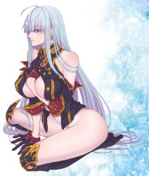 Rule 34 | 1girl, bare shoulders, between breasts, breasts, commentary request, gloves, kanoe youshi, large breasts, long hair, looking at viewer, military, military uniform, no pants, red eyes, selvaria bles, senjou no valkyria (series), silver hair, solo, uniform, very long hair