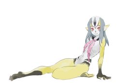 Rule 34 | 1girl, ao no roku-gou, ao no roku-gou, colored skin, facial mark, feet, highres, long hair, looking at viewer, monster girl, multicolored skin, mutio, pointy ears, simple background, smile, solo, white background, yellow skin