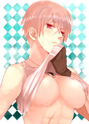 Rule 34 | 1girl, abs, axis powers hetalia, bare shoulders, blonde hair, blush, breasts, brown gloves, clothes lift, collarbone, cross, female focus, gender request, genderswap, germany (hetalia), gloves, iron cross, jewelry, large breasts, necklace, no bra, pink eyes, scar, shirt lift, short hair, solo, sweat, tanaka (0217s), tank top, underboob, very short hair
