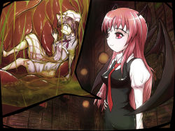 Rule 34 | 2girls, acerok, bat wings, book, commentary, commission, demon girl, dress, hand on own stomach, head wings, highres, inside creature, koakuma, long hair, multiple girls, patchouli knowledge, scared, stomach, stomach (organ), demon girl, torn clothes, touhou, vore, wings