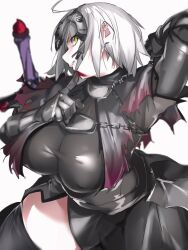 Rule 34 | 1girl, ahoge, armor, armored dress, blood, blood on face, breasts, chain, fate/grand order, fate (series), gauntlets, grey hair, headpiece, highres, jeanne d&#039;arc alter (avenger) (fate), jeanne d&#039;arc alter (fate), large breasts, looking at viewer, ri o ne su, short hair, solo, thighhighs, tsurime, yellow eyes