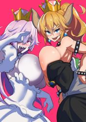 Rule 34 | 2girls, armlet, bad id, bad twitter id, black dress, blonde hair, bowsette, breast press, breasts, collar, dress, earrings, elbow gloves, gloves, highres, horns, huge breasts, jewelry, looking at viewer, luigi&#039;s mansion, mario (series), multiple girls, new super mario bros. u deluxe, nintendo, nuezou, pointy ears, princess king boo, purple hair, red background, sharp teeth, spiked armlet, spiked collar, spiked shell, spikes, super crown, teeth, thick eyebrows, tongue, topless, white dress, white gloves