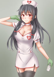 Rule 34 | 1girl, alternate costume, anti (untea9), black hair, black thighhighs, blush, breasts, choker, cowboy shot, cross, cup, dress, gloves, gradient background, green background, green gloves, hair ribbon, hat, highres, isokaze (kancolle), kantai collection, long hair, looking at viewer, medium breasts, nurse, nurse cap, red cross, red eyes, ribbon, rubber gloves, short sleeves, smile, solo, thigh strap, thighhighs, tress ribbon, twitter username, white choker, white dress