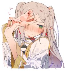 Rule 34 | blush, capelet, covering face, ear blush, earrings, embarrassed, flying sweatdrops, frieren, gem, gold trim, green eyes, high collar, highres, jacket, jewelry, long hair, nose blush, otintin, parted bangs, pointy ears, red gemstone, shirt, sousou no frieren, striped clothes, striped shirt, twintails, white capelet, white hair, white jacket
