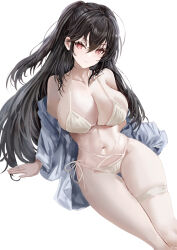 Rule 34 | 1girl, absurdres, age fx, ahoge, azur lane, bare shoulders, bikini, black hair, breasts, cleavage, collarbone, hair between eyes, highres, large breasts, long hair, looking at viewer, navel, official alternate costume, one side up, red eyes, shirt, smile, solo, stomach, swimsuit, taihou (azur lane), taihou (seaside daydreams) (azur lane), thighs, very long hair, white background, white bikini, white shirt