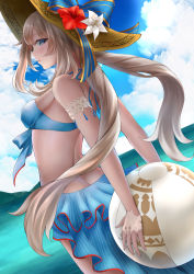 Rule 34 | 1girl, absurdres, ball, beachball, blonde hair, blue sky, blush, breasts, day, fate/grand order, fate (series), flower, from side, hat, hat flower, highres, long hair, looking at viewer, marie antoinette (fate), marie antoinette (fate/grand order), marie antoinette (swimsuit caster) (fate), marie antoinette (swimsuit caster) (third ascension) (fate), numaguro (tomokun0808), parted lips, sarong, sideboob, sky, small breasts, solo, straw hat, swimsuit, very long hair