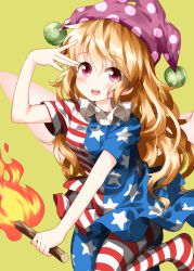 Rule 34 | 1girl, :d, american flag dress, american flag legwear, arm up, blonde hair, blue dress, blue pantyhose, blush, breasts, clownpiece, commentary request, dress, fairy wings, feet out of frame, hair between eyes, hat, highres, holding, holding torch, jester cap, looking at viewer, neck ruff, no shoes, open mouth, pantyhose, polka dot, polka dot headwear, purple eyes, purple hat, red dress, red pantyhose, ruu (tksymkw), short dress, short sleeves, simple background, small breasts, smile, solo, star (symbol), star print, striped clothes, striped dress, striped pantyhose, thighs, torch, touhou, white dress, white pantyhose, wings, yellow background