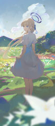 Rule 34 | 1girl, absurdres, blonde hair, blue archive, blue eyes, blue hair, blue halo, braid, closed mouth, cloud, cloudy sky, day, dress, full body, grass, halo, high heels, highres, kji (rozo), long hair, mountain, multicolored hair, outdoors, short sleeves, sky, solo, standing, streaked hair, toki (blue archive), white dress, white footwear