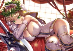 Rule 34 | 10s, 1girl, bad id, bad pixiv id, bare shoulders, blonde hair, breasts, cleavage, elbow gloves, fate/extra, fate/extra ccc, fate (series), gloves, hair intakes, heirou, large breasts, looking at viewer, lying, nero claudius (bride) (fate), nero claudius (bride) (third ascension) (fate), nero claudius (fate), nero claudius (fate) (all), on side, raised eyebrow, shiny skin, smile, solo, sword, thighhighs, weapon, white gloves, white thighhighs