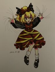 Rule 34 | 1girl, black footwear, black shirt, blonde hair, bow, brown bow, brown dress, brown eyes, commentary request, dated, dress, full body, furiba 794, hair between eyes, hair bow, highres, kurodani yamame, long sleeves, open mouth, ponytail, shirt, shoes, short hair, smile, socks, solo, touhou, white socks