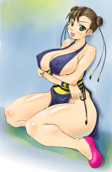 Rule 34 | 1girl, alternate costume, bare legs, blush, breasts, brown hair, capcom, china dress, chinese clothes, chun-li, cleavage, curvy, dress, female focus, green eyes, large breasts, legs, nipples, pelvic curtain, ryoushun, shiny skin, sitting, smile, solo, street fighter, thick thighs, thighs