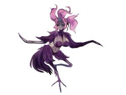 Rule 34 | 1girl, bird legs, bird tail, black sclera, blue eyes, bmp-to-png conversion, breasts, colored sclera, exposed bone, feathers, harpy, large breasts, looking at viewer, mon-musu quest!, monster girl, non-web source, panties, pink hair, plucked feathers, purple feathers, red panties, refletsia (mon-musu quest!), smile, solo, stitches, tail, transparent background, tri tails, un do, underwear, zombie