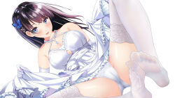 Rule 34 | 1girl, black hair, blue eyes, blush, cameltoe, cleft of venus, dress, feet, highres, long hair, looking at viewer, open mouth, panties, see-through, see-through legwear, soles, thighhighs, toes, underwear, wedding dress, white background, white thighhighs