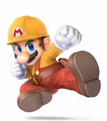 Rule 34 | 3d, alternate costume, belt, blue eyes, brown footwear, brown hair, builder mario, chin strap, facial hair, full body, gloves, hard hat, helmet, highres, male focus, mario, mario (series), mustache, nintendo, official art, overalls, red overalls, simple background, solo, super mario maker, super smash bros., utility belt, white background