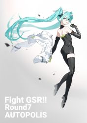 Rule 34 | 1girl, aqua eyes, aqua hair, asymmetrical bodysuit, bare back, bare shoulders, black bodysuit, black footwear, black gloves, bodysuit, boots, commentary, copyright name, elbow gloves, english text, floating, floating hair, floating object, from behind, full body, gloves, goodsmile racing, gradient background, green gloves, grey background, hair between eyes, hand up, hatsune miku, highres, holding, holding clothes, holding jacket, jacket, long hair, looking back, neco, parted lips, race queen, racing miku, racing miku (2022), single leg bodysuit, single thigh boot, skin tight, solo, strapless, strapless bodysuit, text print, thigh boots, twintails, two-tone gloves, unworn jacket, very long hair, white jacket