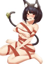 Rule 34 | 1girl, animal ear fluff, animal ears, azur lane, barefoot, bell, black hair, blush, breasts, cat ears, cat tail, christmas, cleavage, commentary, covering privates, covering breasts, embarrassed, english commentary, fang, full body, highres, large breasts, looking at viewer, naked ribbon, navel, nev (nevblindarts), open mouth, ribbon, short hair, simple background, sitting, solo, tail, tail bell, tail ornament, thick eyebrows, wariza, wavy mouth, white background, yamashiro (azur lane)