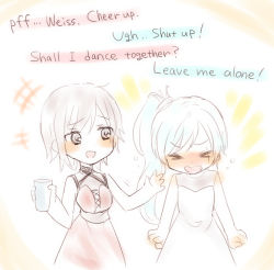 Rule 34 | 2girls, alternate costume, bad id, bad pixiv id, blush, closed eyes, dress, english text, engrish text, female focus, multiple girls, partially colored, ponytail, ranguage, ruby rose, rwby, scar, sorimachi-doufu, weiss schnee, white background, white hair