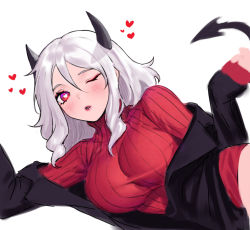 Rule 34 | 1girl, black jacket, breasts, cleavage, demon girl, demon horns, demon tail, heart, heart-shaped pupils, helltaker, highres, horns, jacket, large breasts, long hair, looking at viewer, lying, modeus (helltaker), off shoulder, on side, one eye closed, parted lips, red eyes, red sweater, ribbed sweater, sidelocks, simple background, siun, solo, sweater, symbol-shaped pupils, tail, turtleneck, turtleneck sweater, white background, white hair