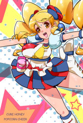 Rule 34 | 10s, 1girl, :d, alternate form, blonde hair, blue skirt, boots, bow, breasts, brooch, character name, covered erect nipples, cure honey, cure honey (popcorn cheer), happinesscharge precure!, happy, heart, heart brooch, iruka-margarine, jewelry, knee boots, large breasts, long hair, magical girl, multicolored background, multicolored clothes, multicolored skirt, oomori yuuko, open mouth, outstretched arms, precure, puffy sleeves, ryuuta (cure ryuuta), sidelocks, skirt, smile, solo, spread arms, star (symbol), starry background, twintails, waist bow, yellow eyes